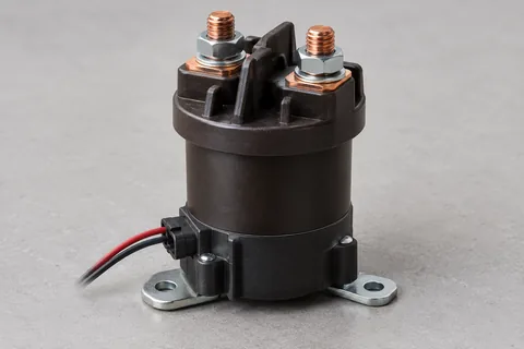 Enclosed DC power contactor with two copper main terminal studs, separate red and black coil leads and a metal mounting base.