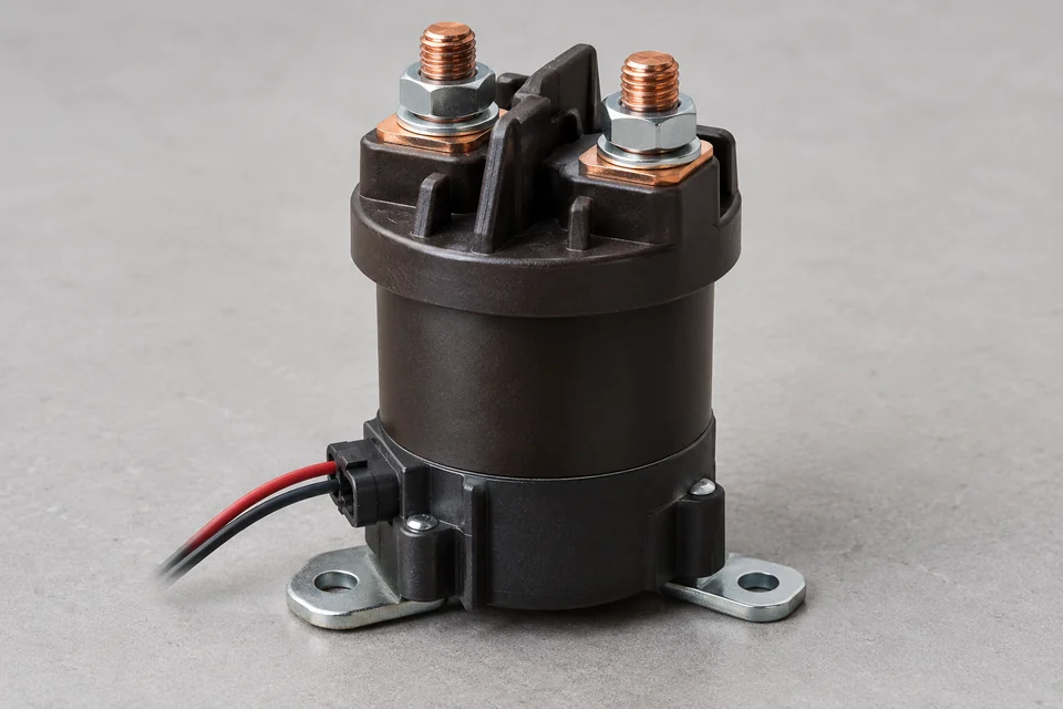 Enclosed DC power contactor with two copper main terminal studs, separate red and black coil leads and a metal mounting base.