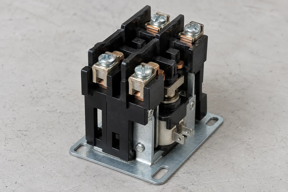 Open-frame two-pole definite purpose contactor with four main clamp terminals, separate coil spade connections and a slotted steel mounting plate.