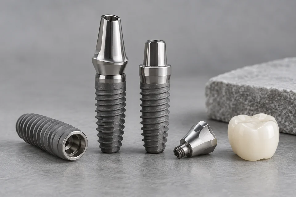 titanium dental implants with threaded fixtures and abutments, neutral macro product scene
