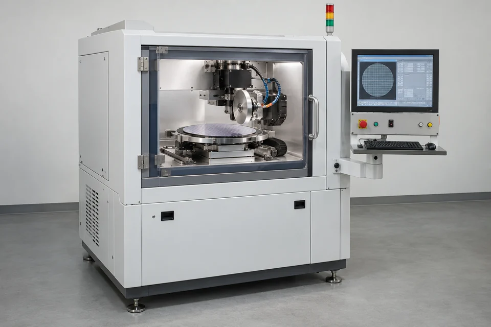 semiconductor wafer dicing saw with enclosed machining chamber and wafer stage, intact industrial equipment