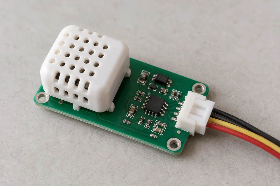 A small humidity sensor circuit board with a perforated protective sensor cap and cable connector, shown close-up; no fake humidity screen.