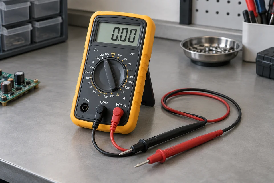 A handheld digital multimeter with rotary selector, recessed display and two red and black test leads placed on a neutral technician bench.