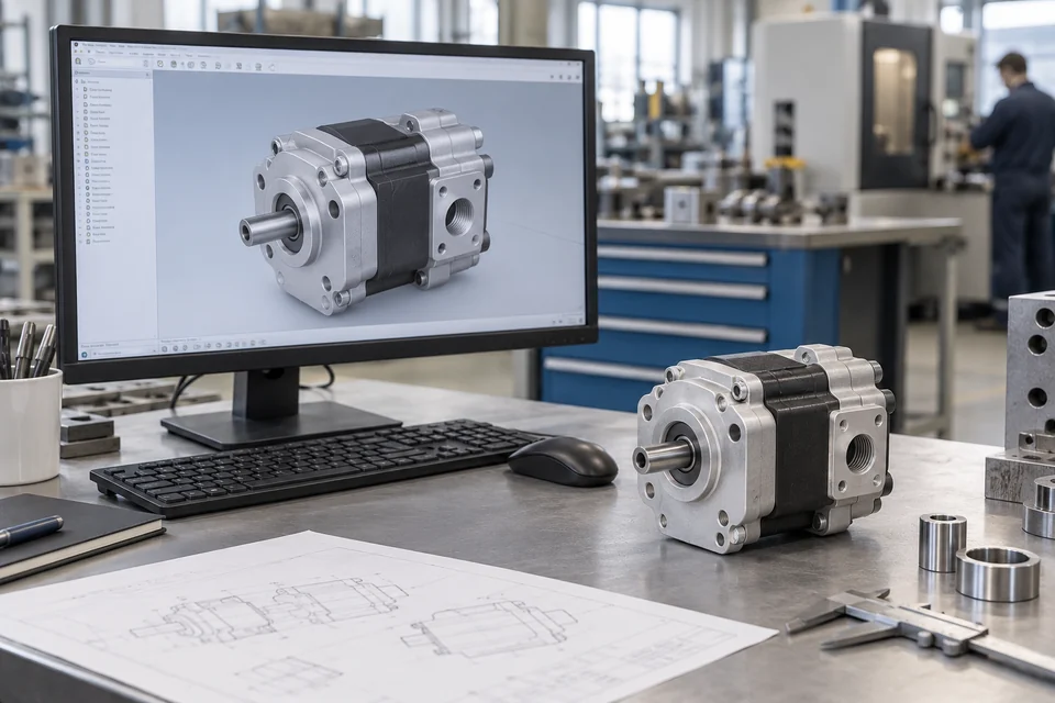 An engineering workstation displaying a virtual model beside the corresponding industrial assembly.
