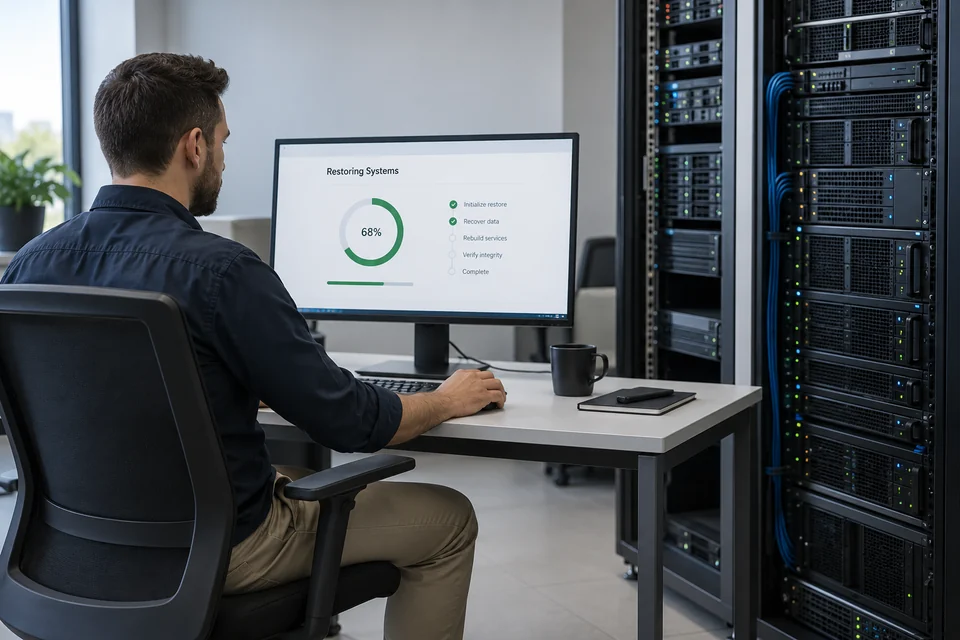 disaster recovery service represented by IT recovery operator at workstation beside server rack with restore workflow interface