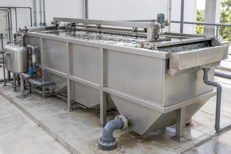 A compact rectangular stainless dissolved air flotation water treatment tank with top scraper mechanism and collection trough, pipework in a utility installation, realistic.
