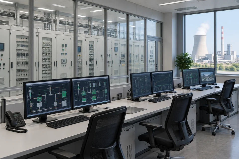 A power plant control room with operator workstations in foreground and orderly control cabinets behind glass, no people or readable brands, realistic application photograph.