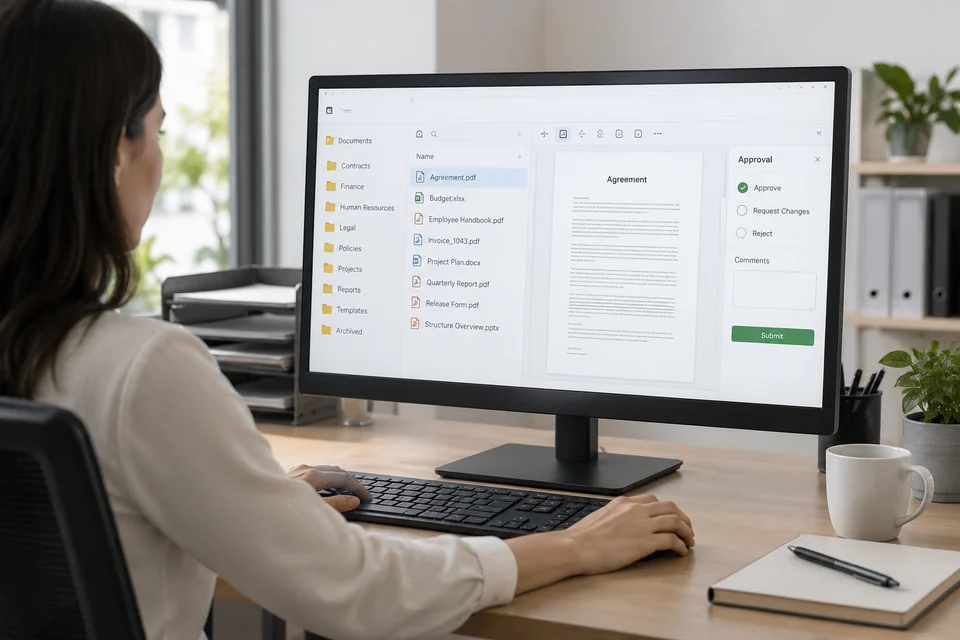 document management software represented by office workstation showing organised document folders and approval interface, realistic application scene