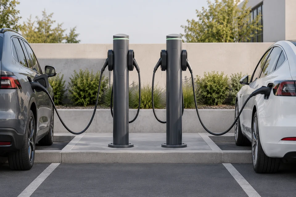 dual bollard electric vehicle charging stations with two cable holders in parking area