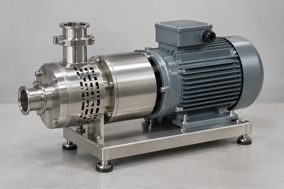 compact dynamic rotor stator homogenizer with inline stainless head and electric motor