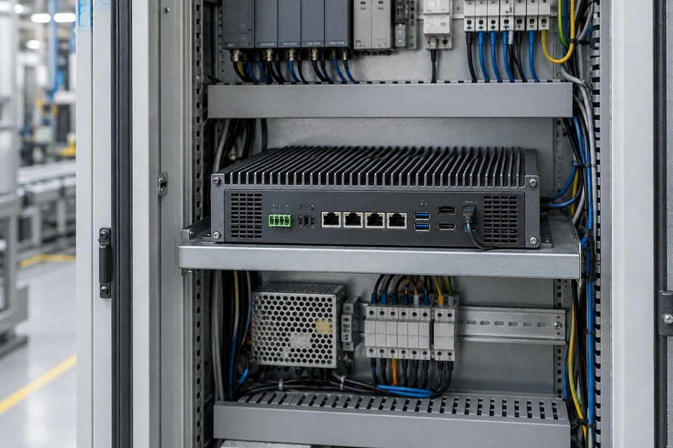 A short depth rugged edge computing server with ventilation grilles and network ports in a factory equipment cabinet, complete realistic product.