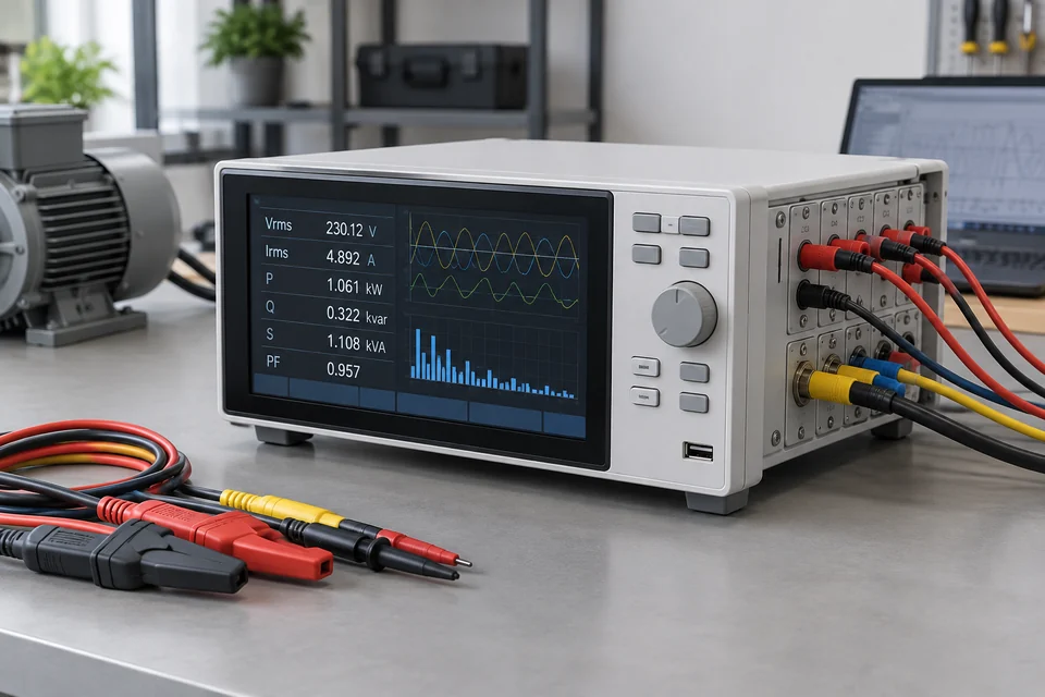 A precision benchtop electrical power analyser with modular voltage and current inputs on its rear panel, a clean front display and tidy insulated measurement leads.