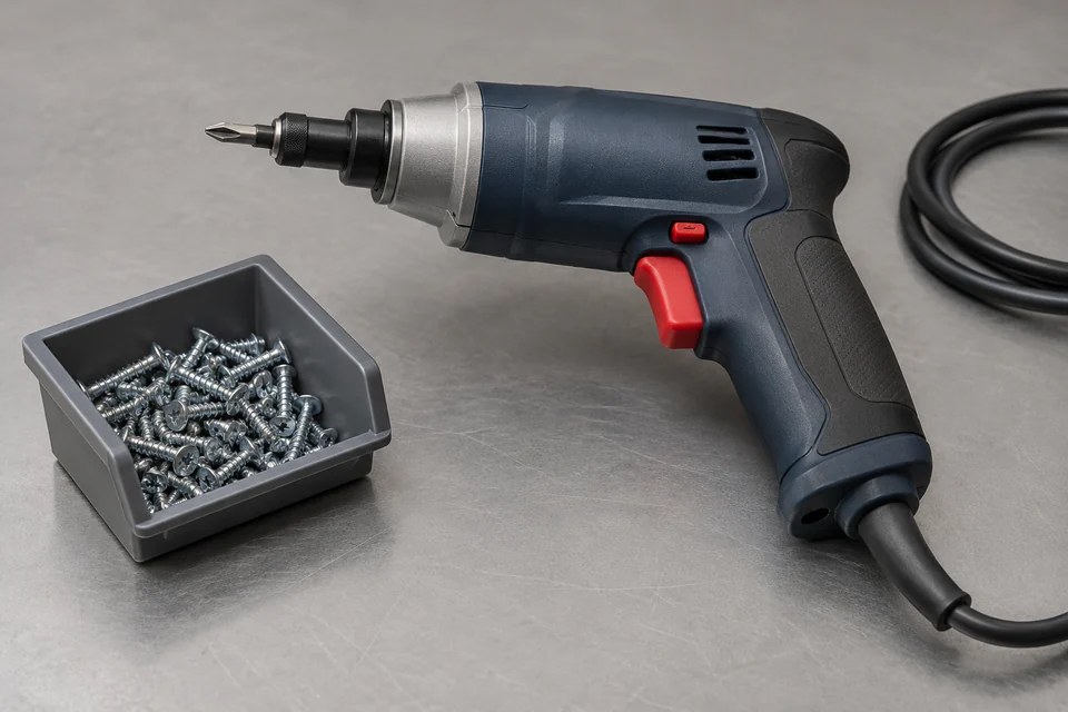 electric assembly screwdriver with pistol grip and power cord beside a small screw tray