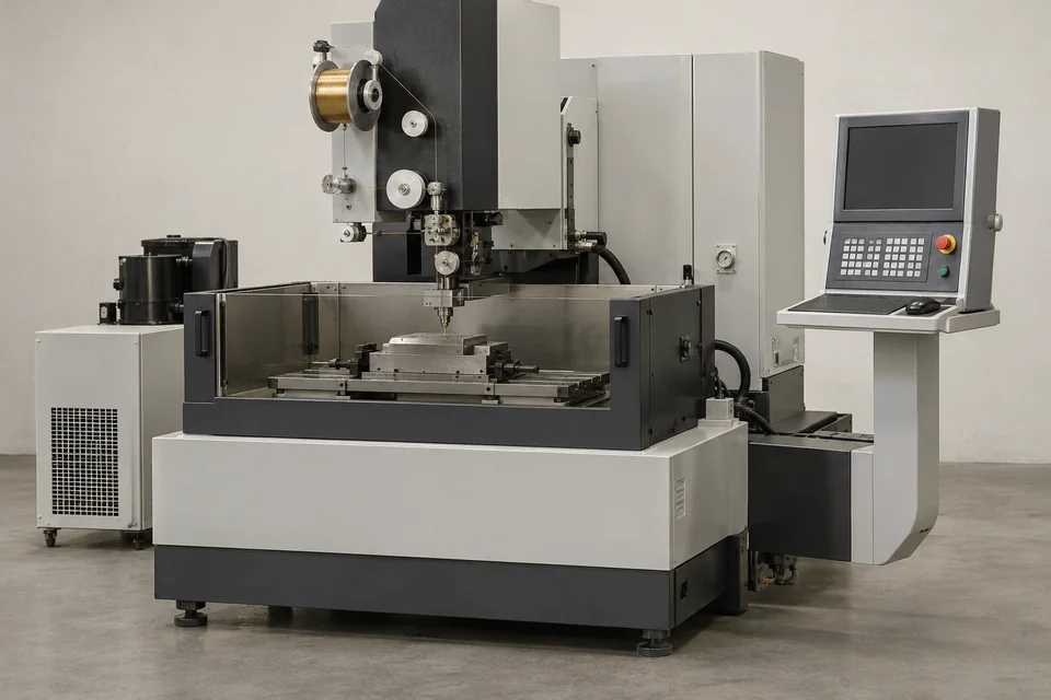 wire electrical discharge machine with wire guides, work tank and precision work table