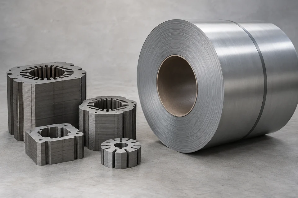 stacked electrical steel laminations and a plain coil of thin electrical steel sheet