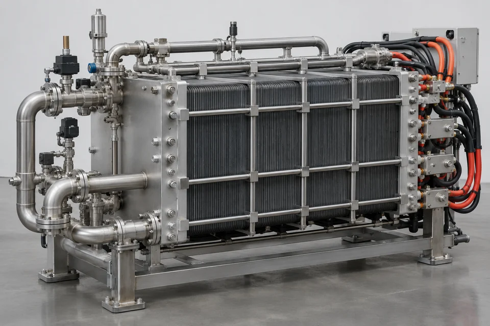 electrolyser stack with plates, piping and complete power connections