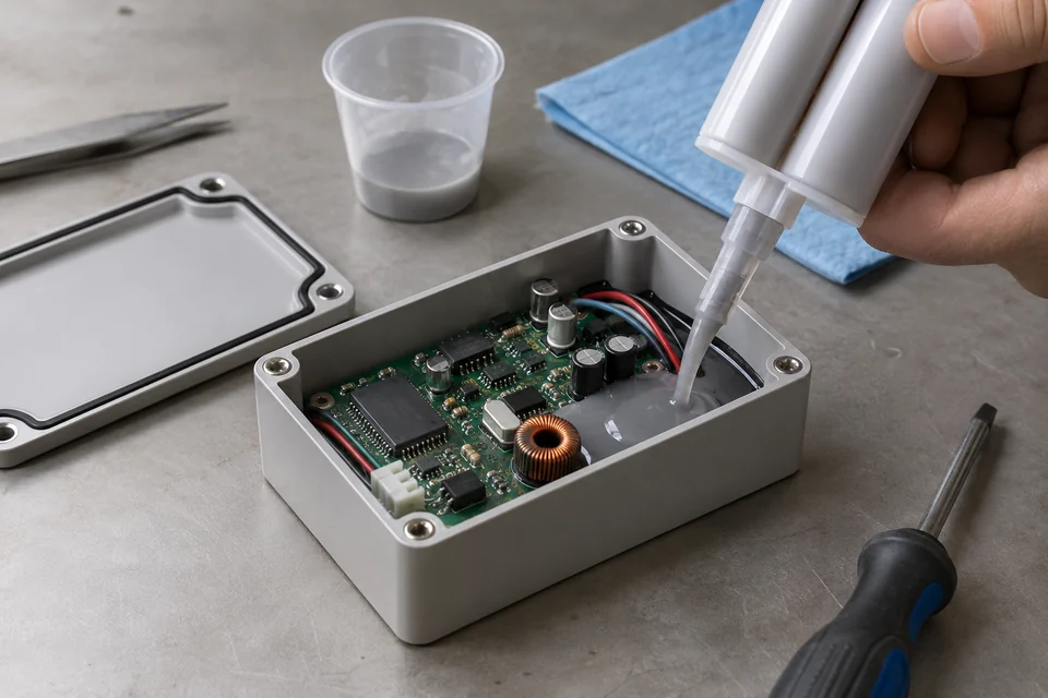 electronic epoxy adhesive applied around a representative circuit assembly in workshop