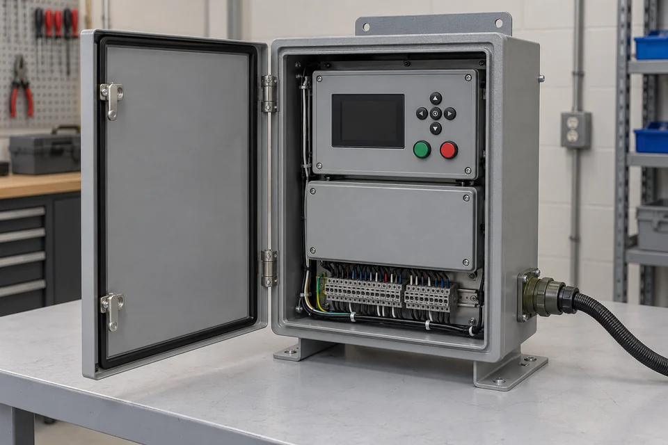Open weather-protected electronic recloser-control cabinet showing a blank display, operator buttons, guarded auxiliary compartment and low-voltage interface terminals.