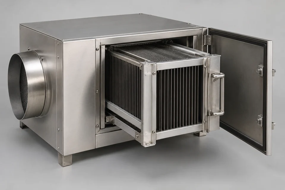 compact kitchen exhaust electrostatic purifier with removable metal collection cell and stainless housing