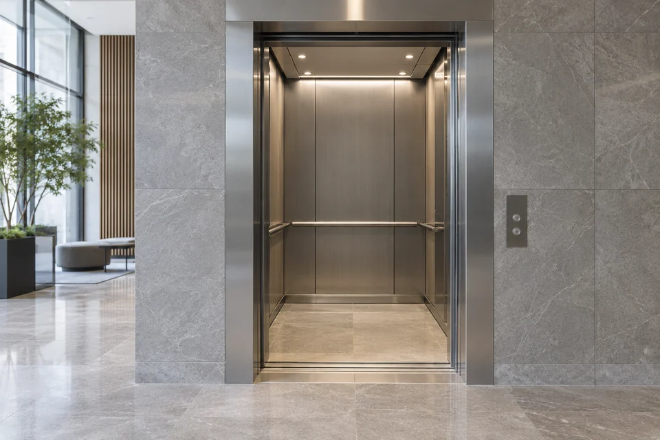 elevator car with open doors in modern building lobby