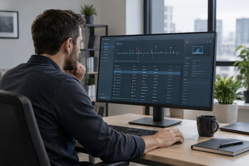 A security operations workstation monitor with a restrained generic endpoint incident investigation screen with timeline and device list, realistic office scene, no floating cyber icons.