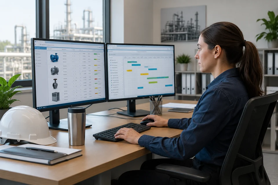 enterprise asset management software represented by maintenance planner at workstation with asset records and equipment schedule screen, real office scene, no branding or legible text