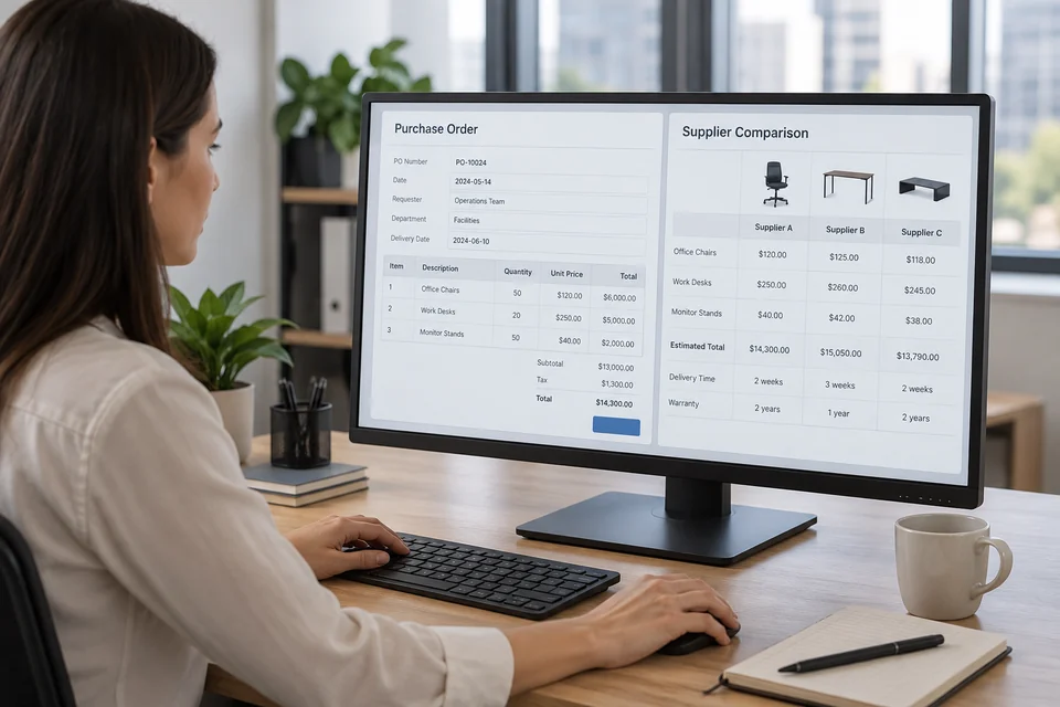 enterprise procurement software represented by buyer workstation with purchase order and supplier comparison interface