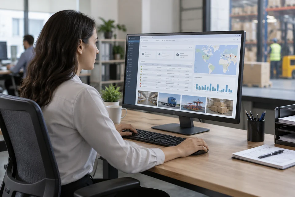 enterprise supply chain management software represented by an operator using a workstation with inventory and shipment overview screen, realistic office application scene, no logos or legible text