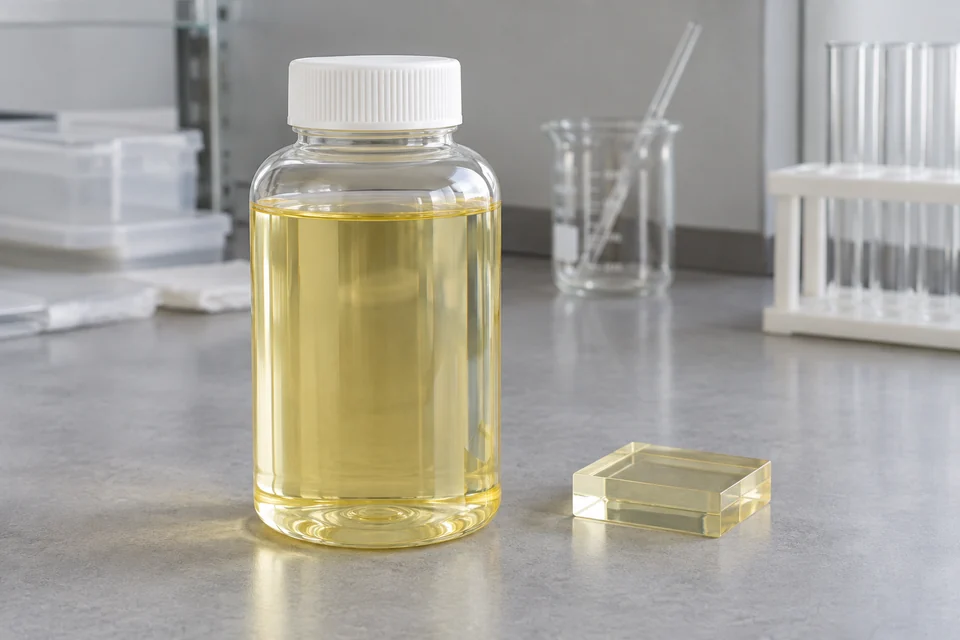 An unbranded sealed laboratory resin bottle containing clear pale yellow viscous epoxy resin, with a small cured resin sample on the bench; no labels, no decorative beads.