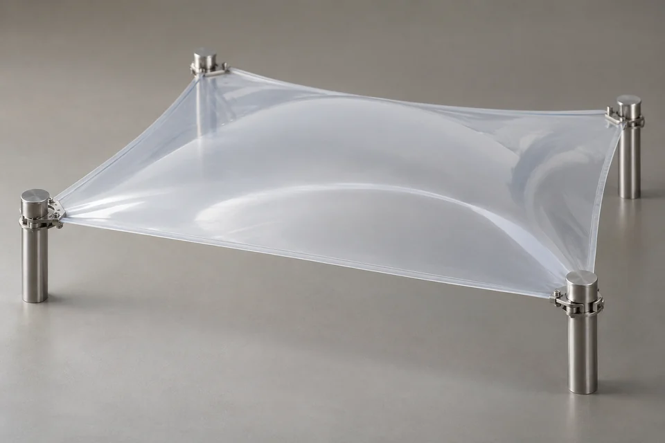 translucent ETFE membrane sheet gently stretched on a neutral display surface