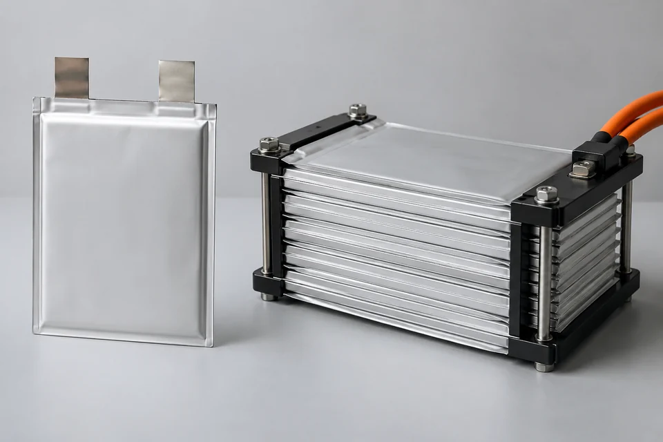 representative solid-state EV battery pouch cell and protected cell stack, intact exterior