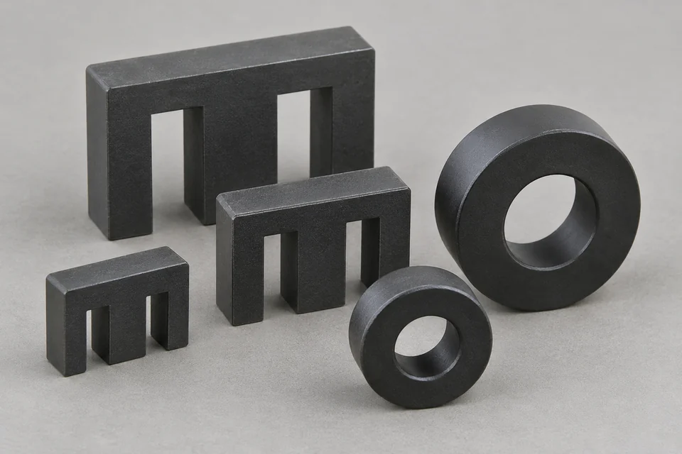 ferrite transformer cores in realistic E and toroidal forms, matte dark ceramic surfaces