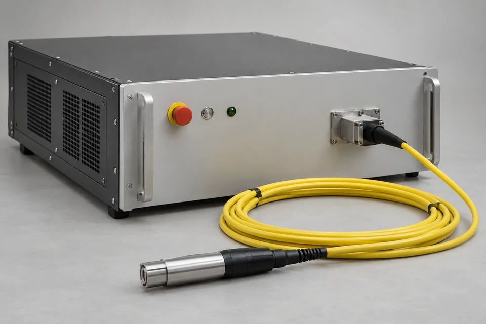 industrial fibre laser source enclosure connected to delivery fibre, realistic complete unit