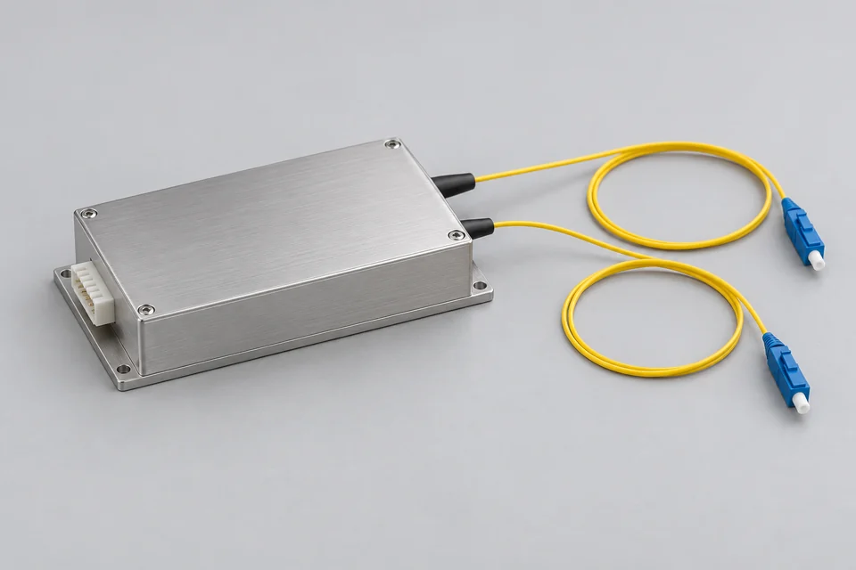 Compact fiber optical amplifier module with two separate optical pigtails and electrical header