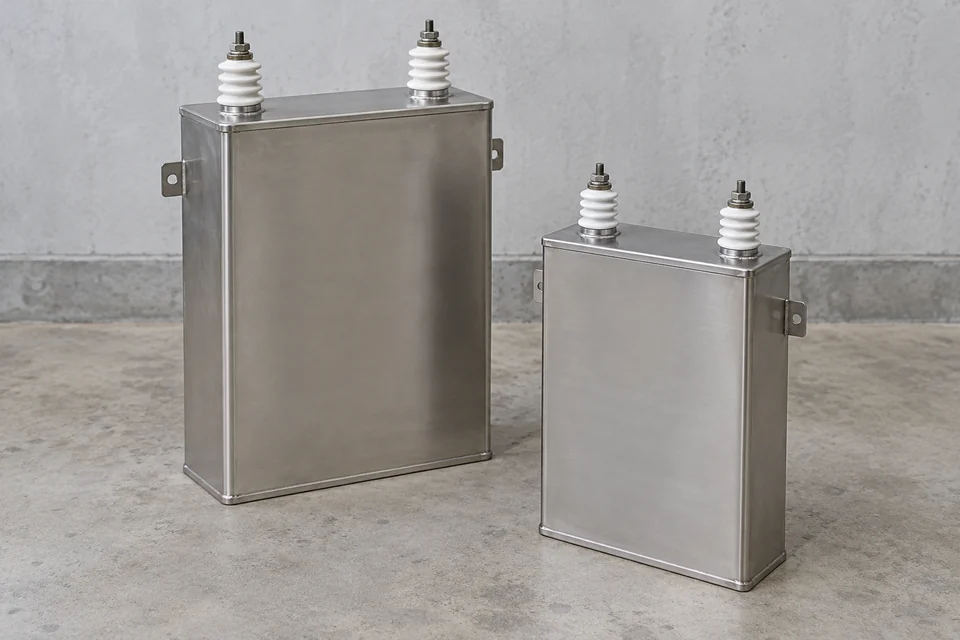 Two sealed rectangular AC power capacitor units with paired insulating bushings and mounting tabs