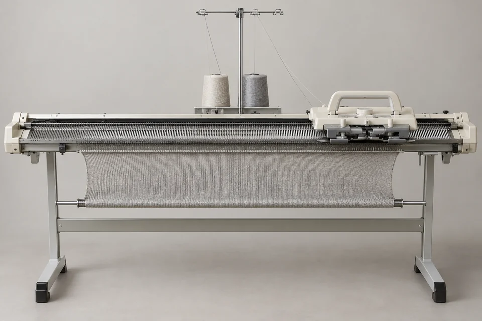 flat knitting machine with carriage and fabric bed