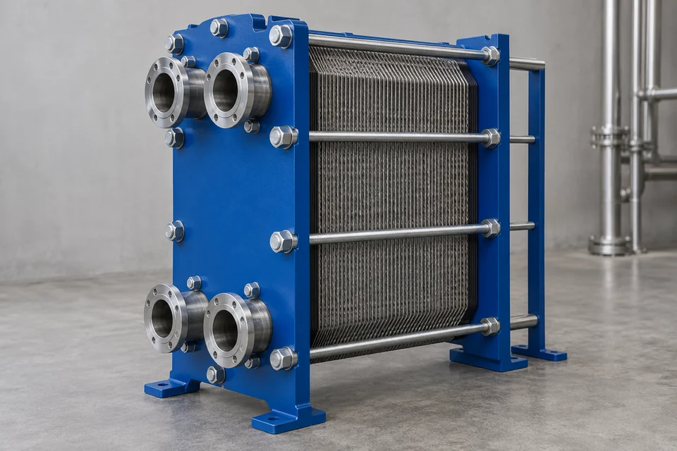 A gasketed plate heat exchanger with closely packed corrugated metal plates held between a blue steel frame, tightening bolts and four pipe connections, industrial product view.