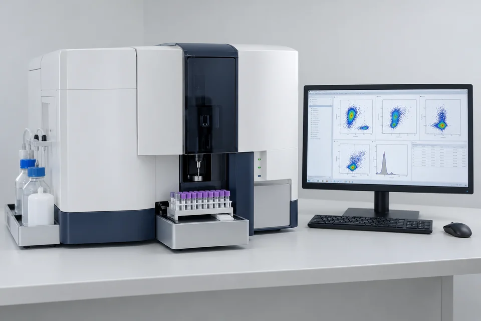 flow cytometer laboratory instrument with sample rack and computer