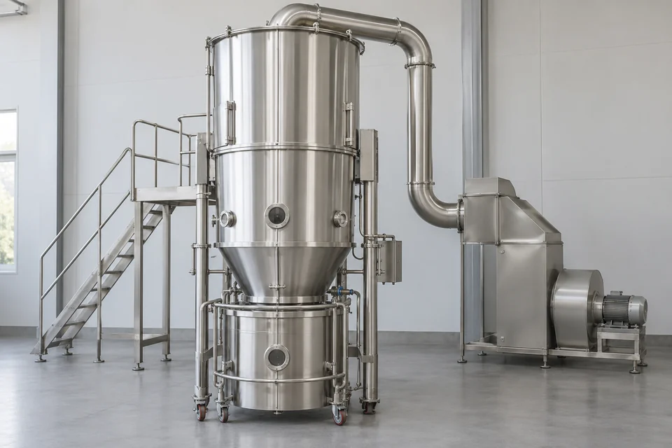 stainless fluid bed dryer with cylindrical product bowl, top filter enclosure and air processing connection