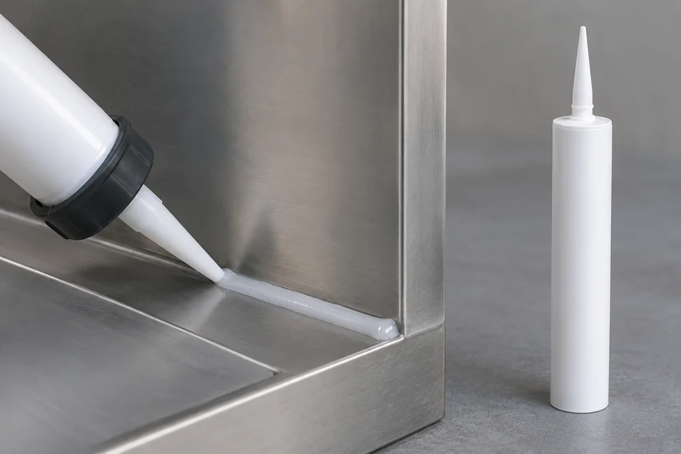fluorosilicone sealant bead on metal joint and plain unlabelled cartridge