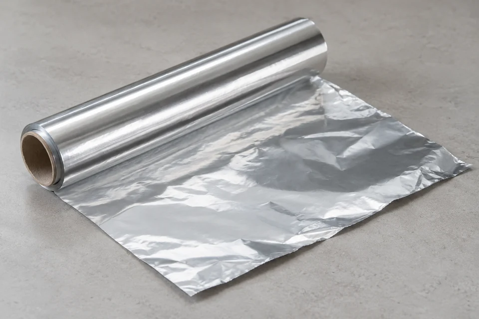 food-grade aluminium foil roll with partially unrolled reflective sheet