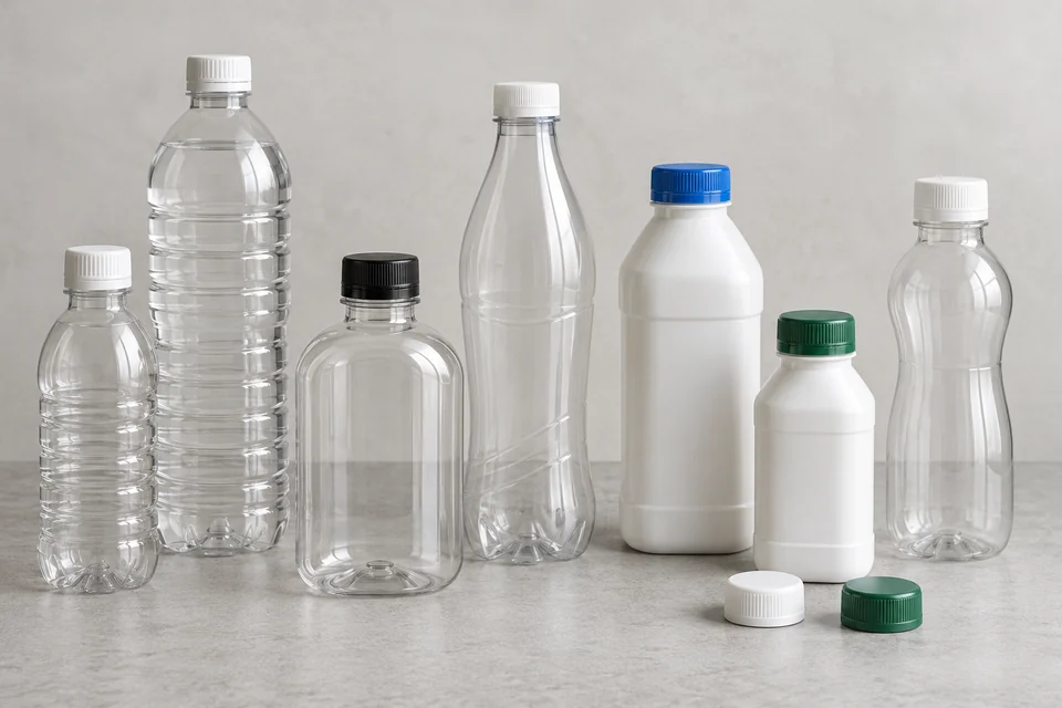 A small collection of unbranded PET and HDPE food beverage bottles with screw necks and matching closures, empty and clean, studio tabletop.