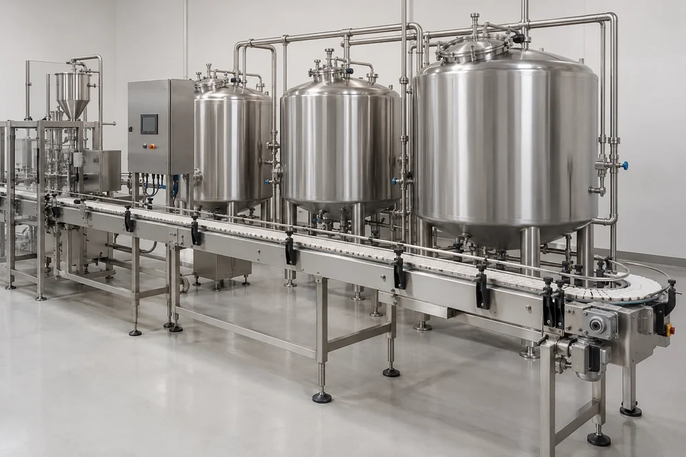 stainless food processing equipment with sanitary tanks and conveyor