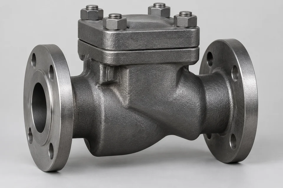 forged steel check valve with compact angular pressure housing, bolted cover and flanged pipe ends