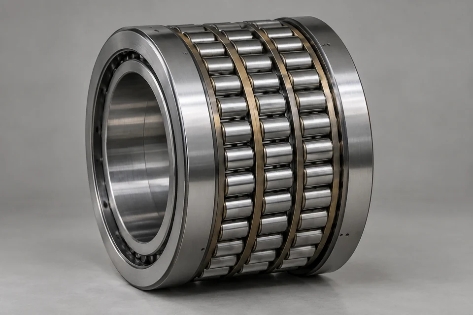 large four row cylindrical roller bearing for a rolling mill with dense cylindrical rollers in an intact assembly