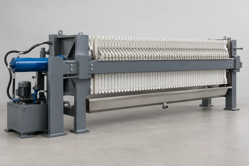 plate and frame filter press with closely spaced filter plates, steel frame and hydraulic closure