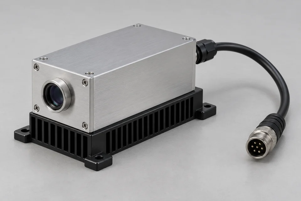 Compact free-space laser head on a finned thermal base with electrical control cable
