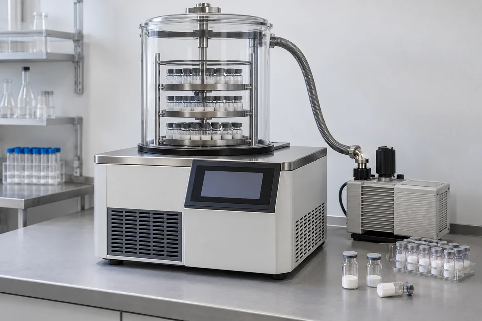 laboratory freeze dryer with clear drying chamber above a refrigerated base and product vials nearby