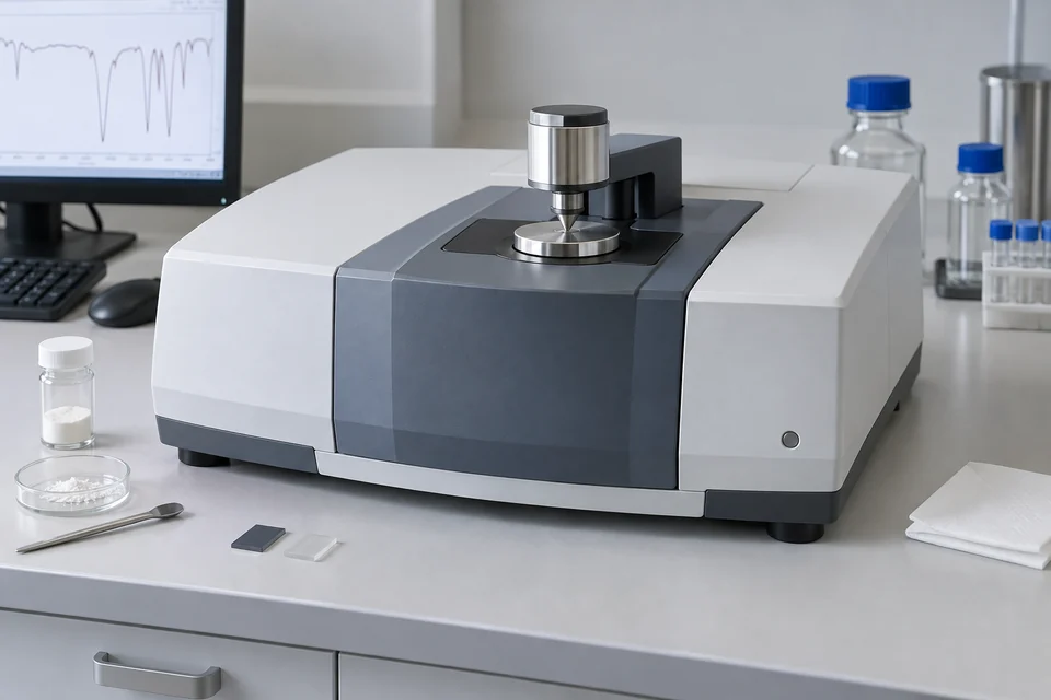 A benchtop FTIR spectrometer with a small ATR sampling accessory and pressure arm visible above the sampling crystal, clean laboratory bench.