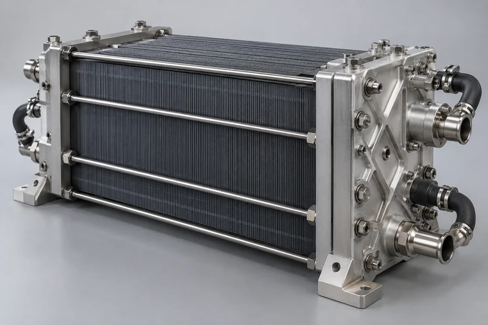 complete hydrogen fuel cell stack with end plates and external fluid connections
